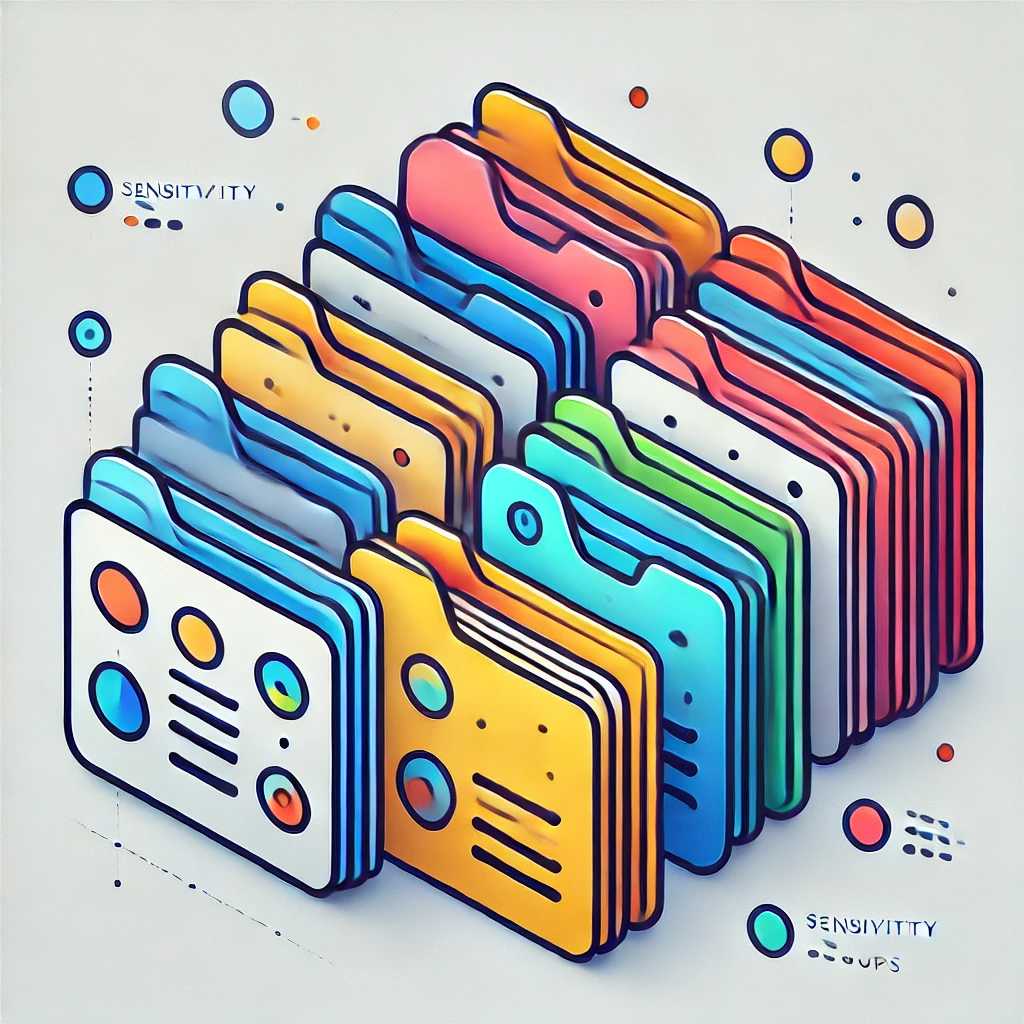 Illustration of colored sensitivity labels neatly organized into folder-like sections, representing label groups in a structured and professional manner.